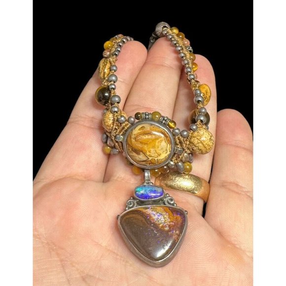 Vintage Southwestern Sterling Silver, Jasper, and Moonstone Necklace Ethnic - Picture 3 of 7